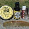 Moustache wax tin, beard oil, bacon balm and horn comb