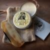 Moustache wax tin and horn comb