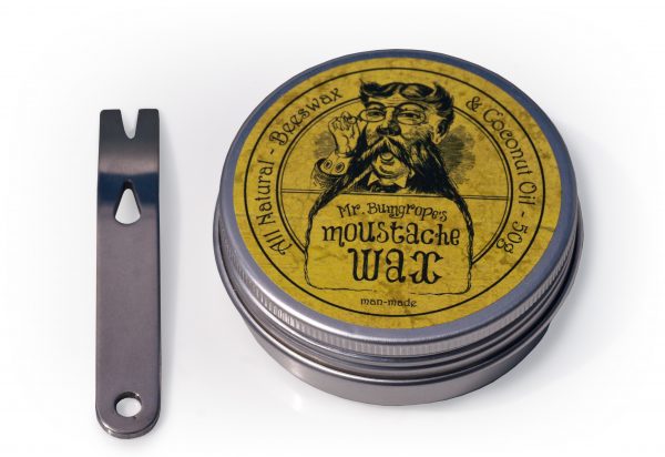 Moustache wax tin and pry bar