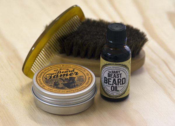 Beard wax, beard oil, brush and comb