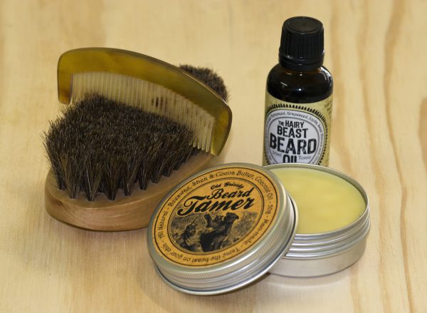 Beard wax, beard oil, brush and comb