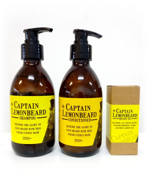 Captain Lemonbeard Beard oil bottle, shampoo and conditioner