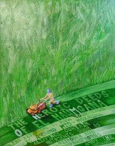 painting of wrestler mowing the lawns