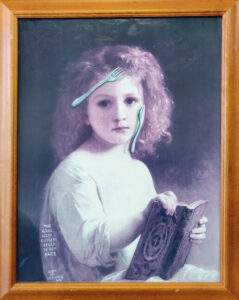 Painting of a girl with cutlery stuck to her face