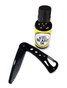 Beard oil and fold out metal comb