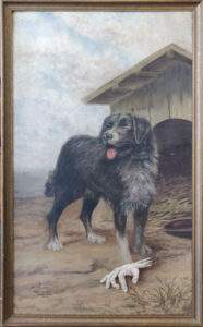 Dog standing above a severed human hand