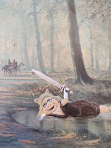 Miss Piggy lying in a pond holding a sword