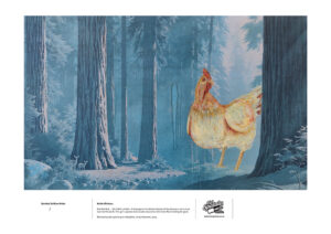 A picture of a giant chicken in a forest