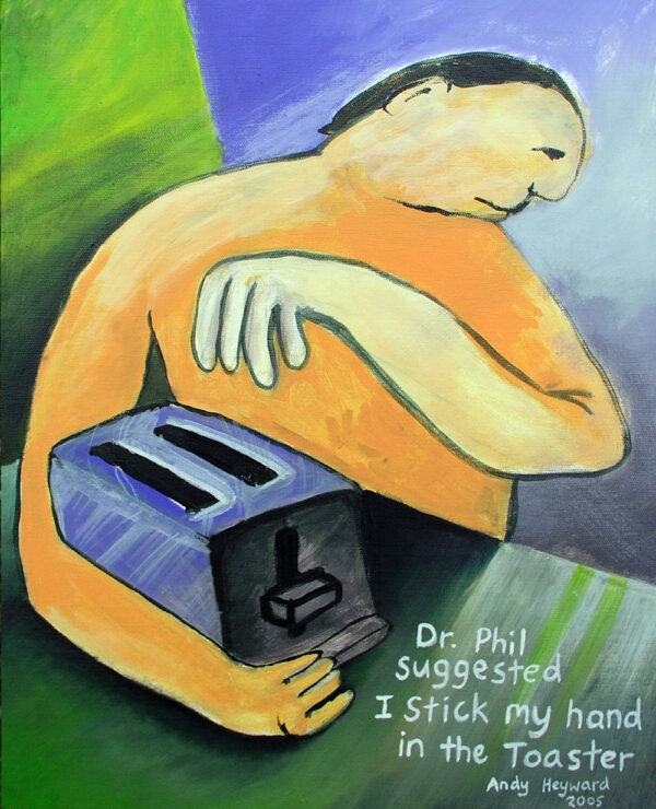 Painting of a man sticking his hand in the toaster